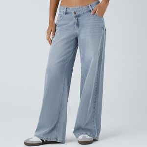 Halara Flex™ Asymmetric Low Rise Zipper Pockets Baggy Wide Leg Light Azure Denim